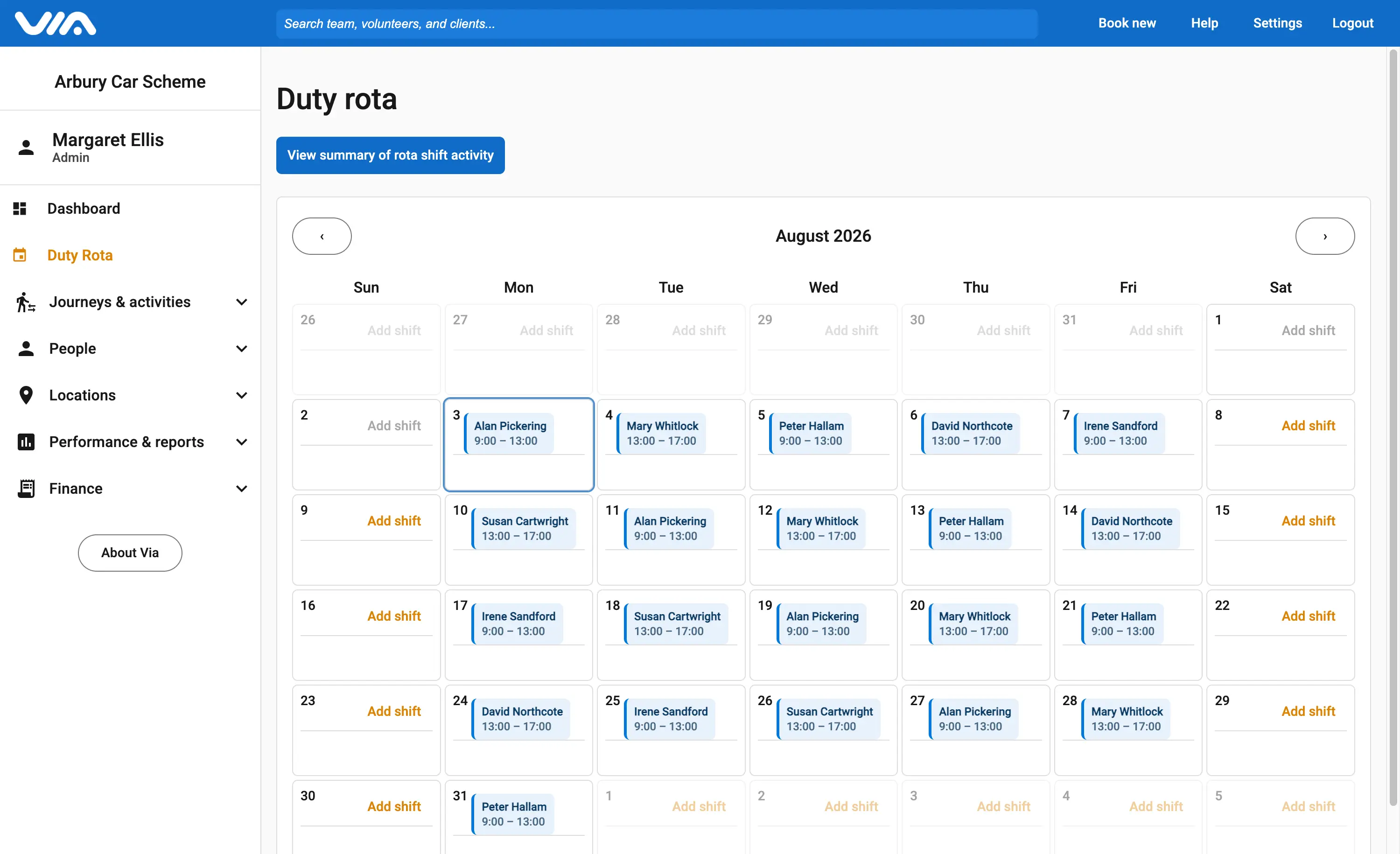 The Via duty rota, showing a month of volunteer shifts across a calendar.