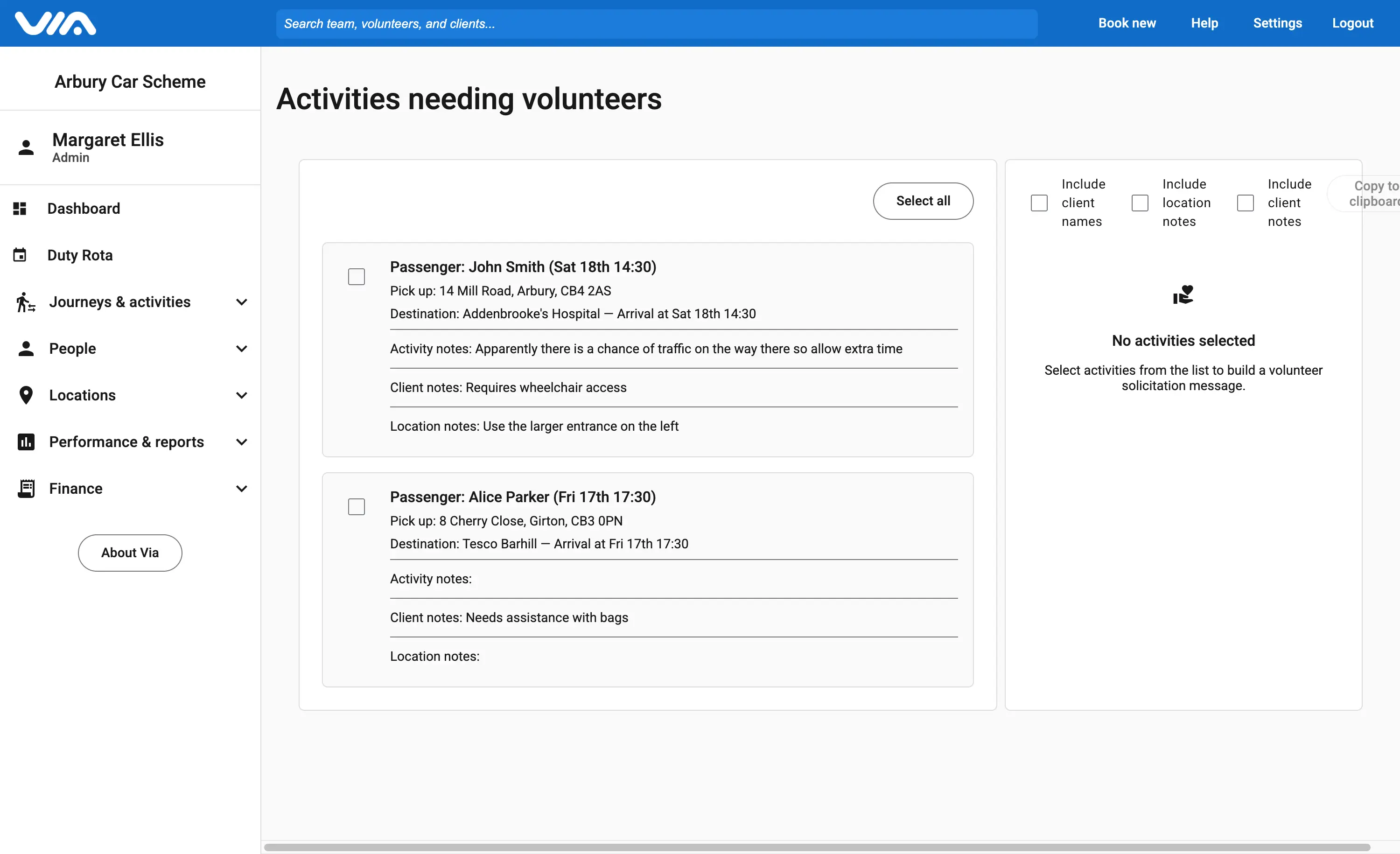 Via's screen listing activities that still need volunteers, each with pick-up, destination and notes.